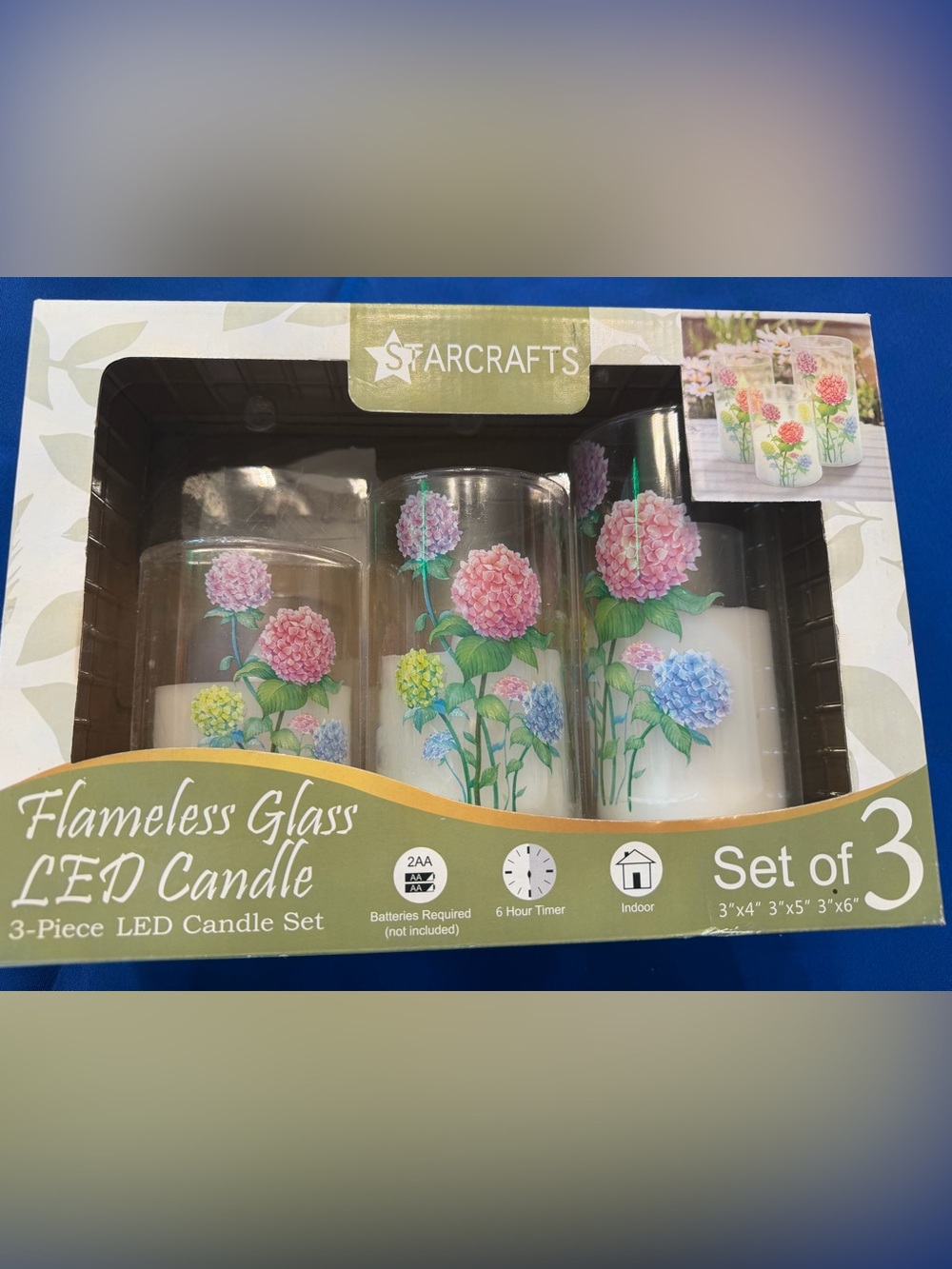 Title: NEW Starcrafts Hydrangea Flameless Glass LED Candle Set of 3